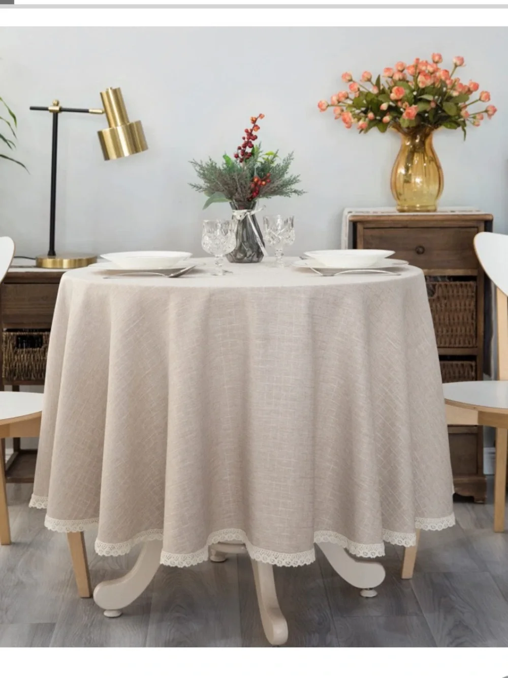 FARMHOUSE Rustic Tablecloth with Lace Trim 70” Round - BEIGE